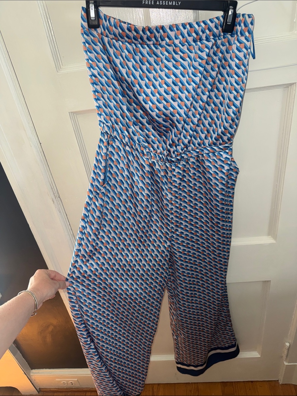 Blue Patterned Strapless Jumpsuit, Silk!